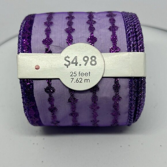 New 2.5" x 25' Wired Ribbon Sheer Lavender With Purple Glitter Pattern Craft - Picture 3 of 3